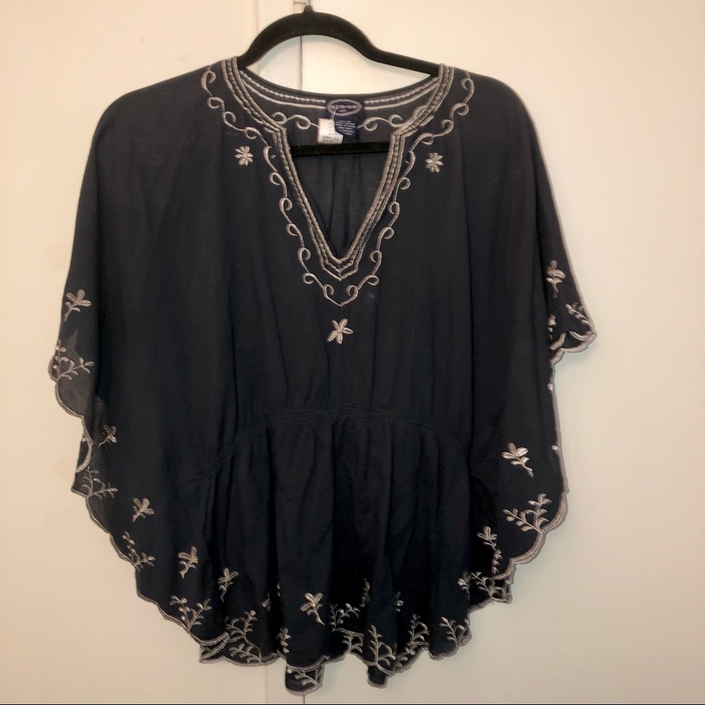 Scoop NYC Scalloped Blue Tunic w/Gold Embroidery.